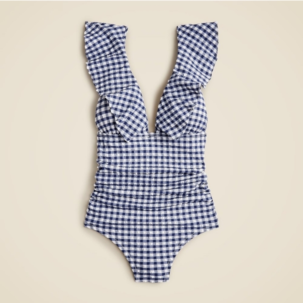 NWT J.Crew Ruched Ruffle One-piece Swimsuit In Classic Gingham in Blue Size 14 - Picture 4 of 13